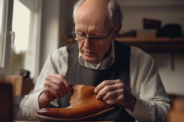 Wall Mural - A skilled elderly cobbler meticulously hand-stitches a leather shoe, showcasing traditional craftsmanship.