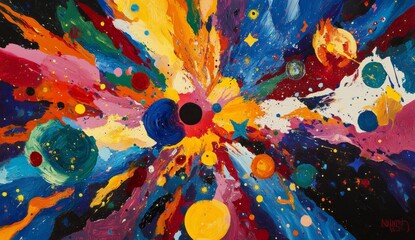 Wall Mural - Vibrant abstract painting depicting a colorful cosmic explosion with planets and stars.