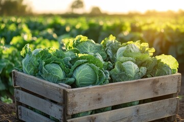 Poster - Freshly harvested cabbages in a wooden crate in a field at sunset.