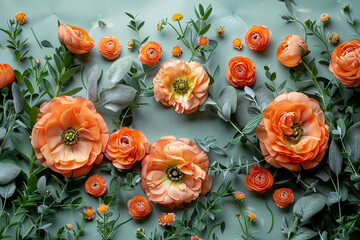 Wall Mural - Vibrant Ranunculus Flowers On Green Background