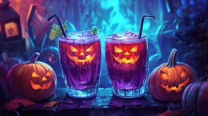 A haunting Halloween scene featuring two cocktails in clear glasses with green liquid and a salted rim, set against a foggy backdrop.