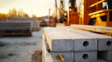 Poster - Construction materials like steel beams and concrete blocks on-site.