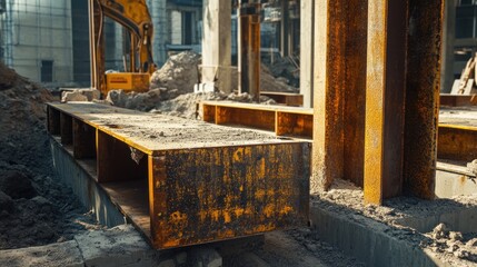 Poster - Construction materials like steel beams and concrete blocks on-site.