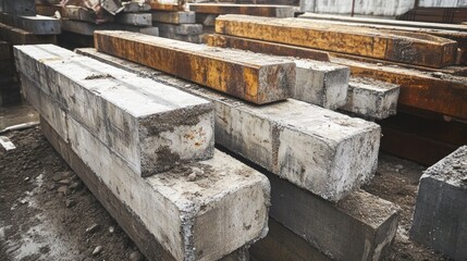 Poster - Construction materials like steel beams and concrete blocks on-site.