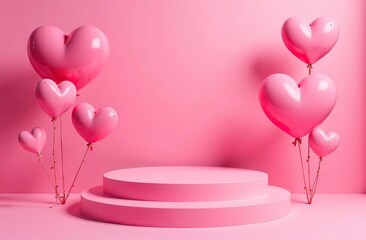 Wall Mural - Pink Podium Background for product symbols of love, valentines day 3d. Valentines Day Pink Podium With Hearts With Gradient Mesh