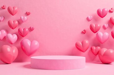 Wall Mural - Pink Podium Background for product symbols of love, valentines day 3d. Valentines Day Pink Podium With Hearts With Gradient Mesh