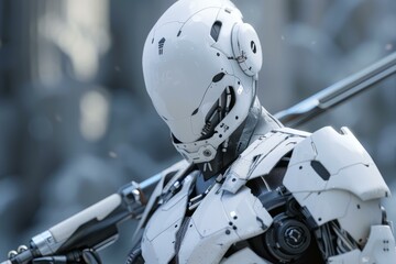 Poster - Futuristic white robot with sword posing in blurred background, science fiction illustration