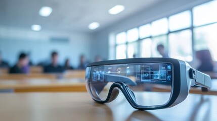 Poster - Futuristic smart glasses used by a student in a high-tech classroom, on solid white background, single object.