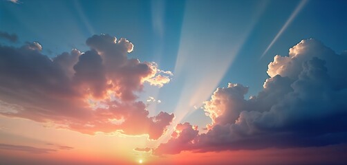 Poster - Dramatic sunset sky with colorful clouds. Sunbeams pierce through clouds. Beautiful sky at sunset time. Vibrant colors, light show. Perfect for nature lovers, enjoy stunning views. Image captures