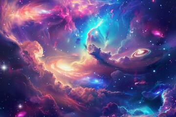 Poster - Vivid nebulae and dynamic clouds paint a breathtaking cosmic landscape
