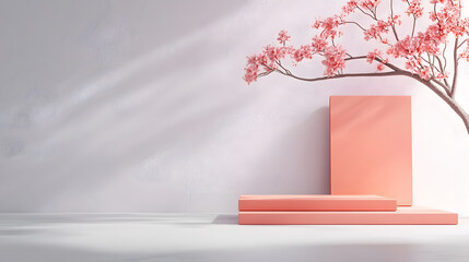 Fototapete - A serene composition featuring pink-toned geometric shapes and a delicate flowering branch against a minimalist backdrop