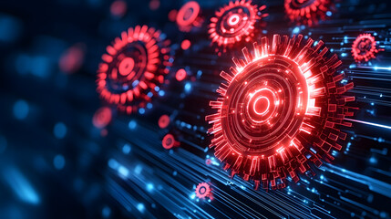 Aufkleber - A futuristic depiction of glowing red gears and digital elements, representing technology, innovation, and mechanical design in a vibrant, abstract environment