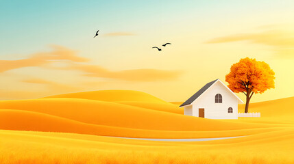 Aufkleber - A serene landscape featuring a white house, a vibrant orange tree, rolling golden hills, and birds flying against a soft, colorful sky