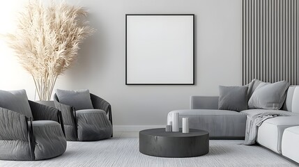 Leinwandbilder - Minimalist living room interior with an ISO A paper size frame mockup displayed on a clean wall surrounded by modern furniture and soft warm lighting creating a stylish cozy and peaceful atmosphere