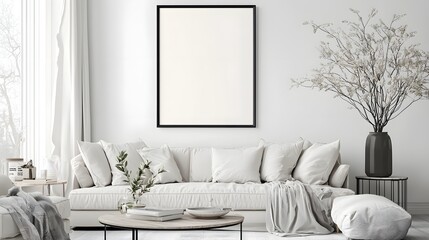 Aufkleber - Cozy and Stylish Minimalist Home Living Room Setting with Wall Mounted ISO A Paper Size Frame Mockup and Sophisticated Furnishings in Soft Lighting Background