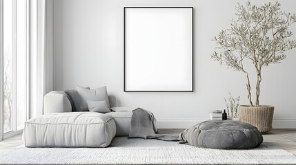 Poster - Stylish and Welcoming Modern Living Room Showcasing a Neutral Colored Frame Mockup Positioned on the Wall Blending Classic and Contemporary Design Elements for a Cozy and Elegant Ambiance