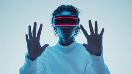 Poster - Person using futuristic tech gadgets, like AR glasses or a holographic display, on solid white background, single object.