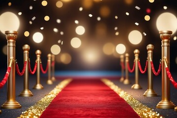 Wall Mural - Red carpet on entrance with bright spotlights and bokeh light, surrounded by glitters in a celebration event