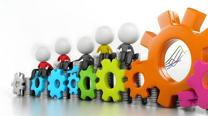 Poster - Colorful 3D cartoon characters sitting around a table brainstorming ideas and strategies for a new business plan with charts graphs and analytics visualizations in the background