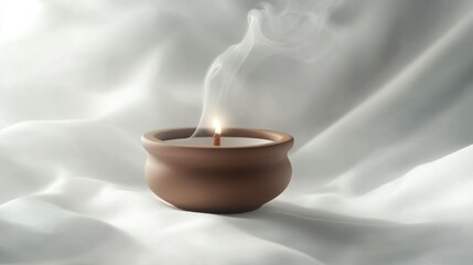 Wall Mural - A handcrafted clay incense burner with a matte finish, displayed on a crisp white background with a soft glow and smoke wisp.