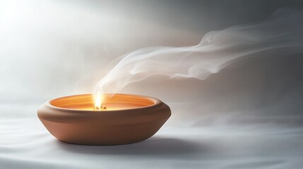 Wall Mural - A handcrafted clay incense burner with a matte finish, displayed on a crisp white background with a soft glow and smoke wisp.