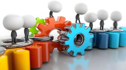 Poster - Engaging 3D of cartoon characters working together developing and executing innovative business strategies with teamwork and in the background