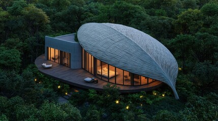 Wall Mural - Serene leafshaped house nestled in a lush twilight forest bathed in the soft dusk light