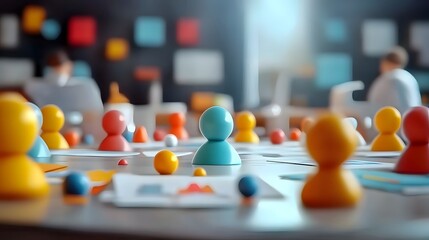 Leinwandbilder - 3D of Cartoon Characters Collaborating at a Round Table to Brainstorm New Business Strategy Ideas with Charts and Documents in a Modern Office Background