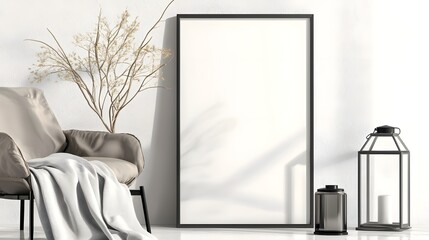 Poster - Elegant and contemporary living room interior design featuring a blank ISO paper size frame mockup displayed on a stylish modern wall with sophisticated furniture and decor elements