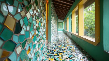 Wall Mural - Serene Glass Mosaic Corridor A Tranquil Indoor Pathway of Shimmering Light