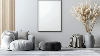 Leinwandbilder - Elegant and modern living room setup with a clean minimal aesthetic  A plain wall frame mockup provides a serene background for artwork or branding display creating a stylish and inviting atmosphere