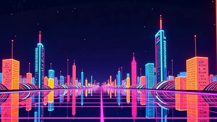 Poster - A neon cityscape with buildings in neon colors. The buildings are tall and the street is long