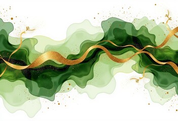 Poster - Abstract Golden Green Watercolor, Fluid Wisps, Harmonious Wave Effect, Sparkles, Subtle Glitter, Elegant & Vibrant, Golden Ratio, Isolated Vector, White Background, Modern Art.

