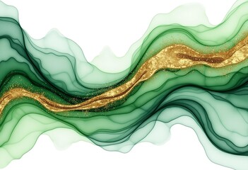 Poster - Abstract Watercolor Wave, Golden and Green Fluid Wisps, Sparkles & Subtle Glitter, Harmonious Effect, Elegant and Vibrant, Golden Ratio Design, Isolated on White, Modern Art.

