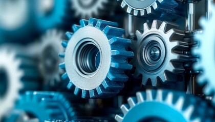 Poster - Closeup View Precision Metal Gears Interlock, Symbolizing Industrial Power and Engineering.