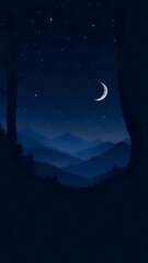 Mystical Night Mountain Landscape with Crescent Moon and Stars - Dark Blue Nature Background for Mobile Wallpaper