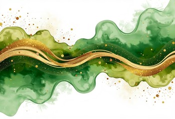 Poster - Golden Green Watercolor Wisps, Abstract Fluid Background, Harmonious Wave, Sparkles & Subtle Glitter, Elegant Vibrant Blend, Golden Ratio Balance, Isolated on White, Art Design.


