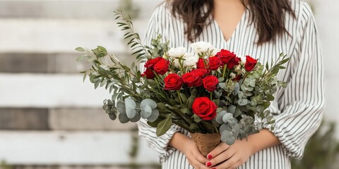 Canvas Print - A woman is holding a bouquet of red and white roses. The flowers are arranged in a vase and the woman is standing in front of a white wall. Concept of elegance and romance