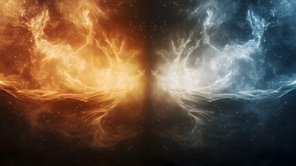 Poster - Futuristic competition wallpaper illustrating the dramatic battle of good versus evil with symbolic elements of fire and ice light and darkness set against a modern abstract and dynamic background