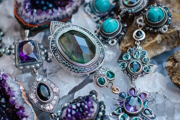 Poster - Variety of silver pendants with amethyst, emerald and other gemstones on white quartz crystals, showing luxury and elegance