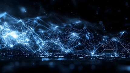 Fototapete - Illuminated Abstract Visualization of a Digital Network with Dynamic Blue Connections and Data Flow on a Futuristic Dark Background  Conceptual High Tech Scientific Graphic Design