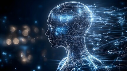 Fototapete - Futuristic digital silhouette of advanced intelligence technology with glowing circuits and neural connections representing innovation and cutting edge computing background in a high tech