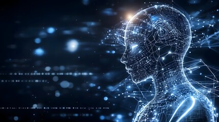 Fototapete - Abstract futuristic silhouette with a glowing digital interface highlighting machine learning big data and neural networks on a dark modern background