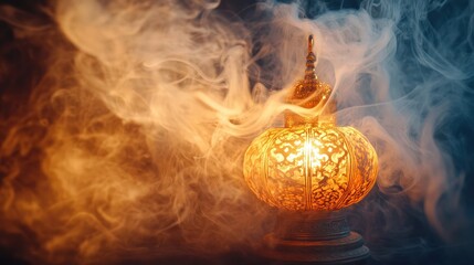Wall Mural - A vintage Oriental lamp casting a soft amber glow, with ethereal smoke spiraling gracefully into the air.