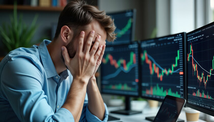 Aufkleber - Frustrated trader hides face in hands. Charts on multiple computer screens show investment losses. Investment failure leads to financial loss. Investment strategy went wrong. Analysis poor decisions.