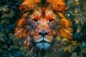 Poster - Polygonal lion emerging from dense foliage, showcasing a captivating blend of nature and geometric art