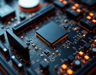 Poster - Close-up view of computer motherboard. Complex circuitry, components clearly visible. Modern tech with sophisticated details. High-tech design features black motherboard. Intricate electronic