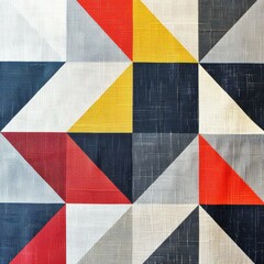Poster - Colorful fabric texture featuring a geometric pattern with triangles in red, yellow, gray and blue