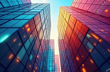 Poster - Colorful glass high-rise buildings create dynamic urban scene. Modern architecture with vibrant facades. Geometric patterns on reflective glass. Innovative city skyline design. Cityscape view. Vivid