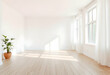 © Mohammad - Minimalist interior, empty white room, bright natural light, large windows, hardwood floors, potted plant, sunny atmosphere, airy space, clean lines, Scandinavian design, open floor plan, shadow patte